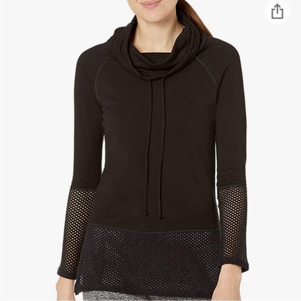 NUX Ricky Mesh Detail Long Sleeve Black Drawstring Funnel Neck Top